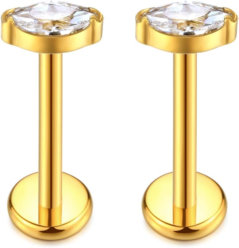KaseStyle G23 Titanium Threadless Push-in Labret Lip Monroe Tragus Earrings Clear CZ Push Back Stud Helix Piercing Jewerly for Men Women - Image 1